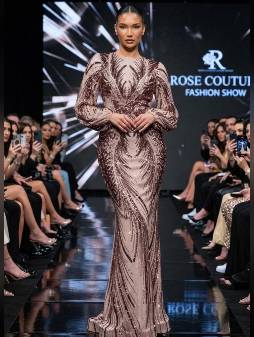 Blush Sequin Long-Sleeve Evening Gown